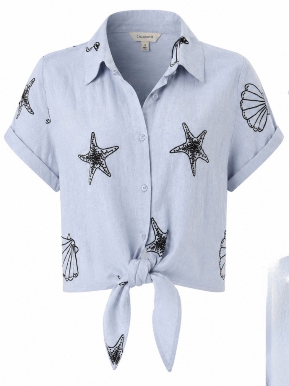 Calligraphie Linen Light Blue Starfish Seashell Print Button Up Tie-Front Shirt